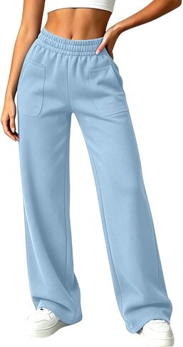 Front Patch Pocket Sweatpants Women Elastic Waist Straight Leg Pants in Kuwait