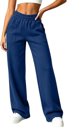 Front Patch Pocket Sweatpants Women Elastic Waist Straight Leg Pants in Kuwait