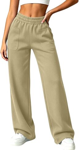 Front Patch Pocket Sweatpants Women Elastic Waist Straight Leg Pants in Kuwait