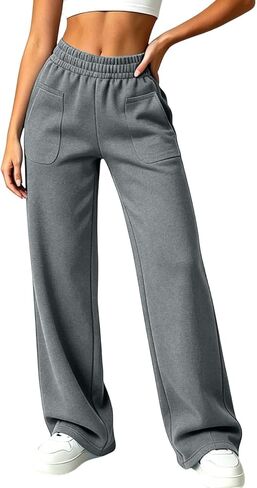 Front Patch Pocket Sweatpants Women Elastic Waist Straight Leg Pants in Kuwait
