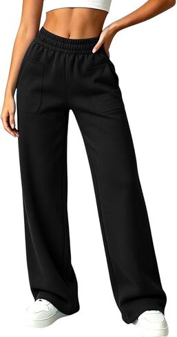 Front Patch Pocket Sweatpants Women Elastic Waist Straight Leg Pants in Kuwait