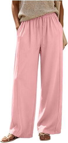 Flowy Wide Leg Pants Women Elastic Waist Comfy Casual Trousers with Pockets in Kuwait