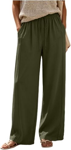 Flowy Wide Leg Pants Women Elastic Waist Comfy Casual Trousers with Pockets in Kuwait