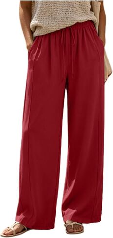 Flowy Wide Leg Pants Women Elastic Waist Comfy Casual Trousers with Pockets in Kuwait