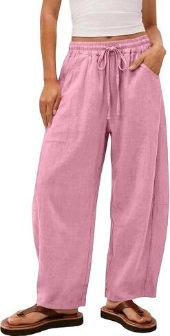 Loose Pants Women Drawstring Waist Lightweight Linen Trousers with Pockets in Kuwait