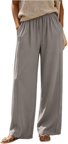 Flowy Wide Leg Pants Women Elastic Waist Comfy Casual Trousers with Pockets in Kuwait