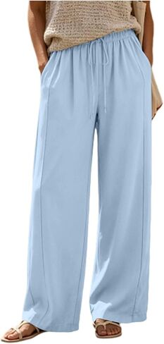 Flowy Wide Leg Pants Women Elastic Waist Comfy Casual Trousers with Pockets in Kuwait