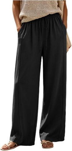 Flowy Wide Leg Pants Women Elastic Waist Comfy Casual Trousers with Pockets in Kuwait