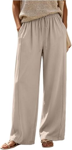 Flowy Wide Leg Pants Women Elastic Waist Comfy Casual Trousers with Pockets in Kuwait