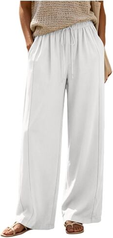 Flowy Wide Leg Pants Women Elastic Waist Comfy Casual Trousers with Pockets in Kuwait