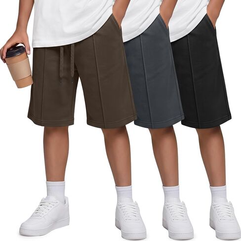 Yooo's Vivi 3 Pack Boys' Bermuda Shorts Elastic Waist Athletic Loose Casual Short Sweatpants with Pockets 5-14 Years in Kuwait