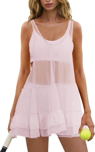 Panadila 3 Piece Workout Sets for Women Mesh Tennis Dresses Babydoll Sports Bra Yoga Shorts Athletic Gym Sets in Kuwait