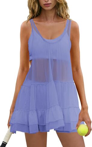 Panadila 3 Piece Workout Sets for Women Mesh Tennis Dresses Babydoll Sports Bra Yoga Shorts Athletic Gym Sets in Kuwait