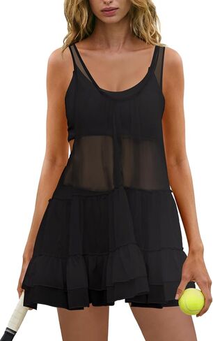 Panadila 3 Piece Workout Sets for Women Mesh Tennis Dresses Babydoll Sports Bra Yoga Shorts Athletic Gym Sets in Kuwait