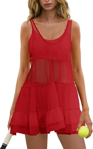 Panadila 3 Piece Workout Sets for Women Mesh Tennis Dresses Babydoll Sports Bra Yoga Shorts Athletic Gym Sets in Kuwait