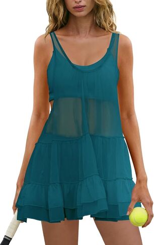 Panadila 3 Piece Workout Sets for Women Mesh Tennis Dresses Babydoll Sports Bra Yoga Shorts Athletic Gym Sets in Kuwait