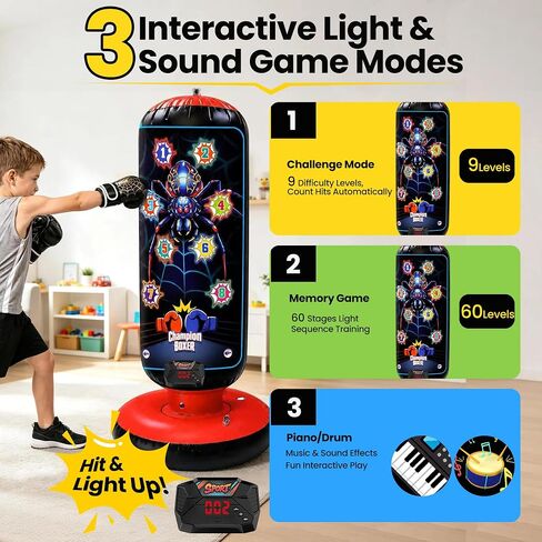 Kids Inflatable Punching Bag with Gloves, Light Sound Game Modes in Kuwait