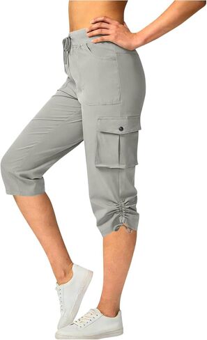 Women's Cargo Capris Pants Loose Fit Casual Hiking Pants Drawstring High Waist Summer Travel Pants with Pockets in Saudi Arabia