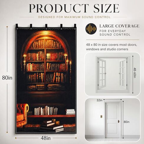 Tegeme Vintage Sound Dampening Blanket, Soundproof Curtain 80 x 48 Inch, Decorative Soundproof Blanket with Grommets for Windows, Doors, Studio Corners, Music Recording, Retro Bookshelf Printed in Kuwait