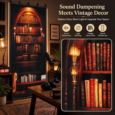 Tegeme Vintage Sound Dampening Blanket, Soundproof Curtain 80 x 48 Inch, Decorative Soundproof Blanket with Grommets for Windows, Doors, Studio Corners, Music Recording, Retro Bookshelf Printed in Kuwait