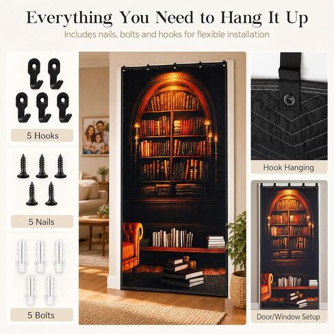 Tegeme Vintage Sound Dampening Blanket, Soundproof Curtain 80 x 48 Inch, Decorative Soundproof Blanket with Grommets for Windows, Doors, Studio Corners, Music Recording, Retro Bookshelf Printed in Kuwait