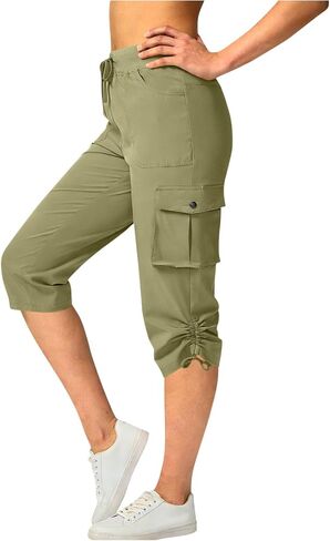 Women's Cargo Capris Pants Loose Fit Casual Hiking Pants Drawstring High Waist Summer Travel Pants with Pockets in Kuwait