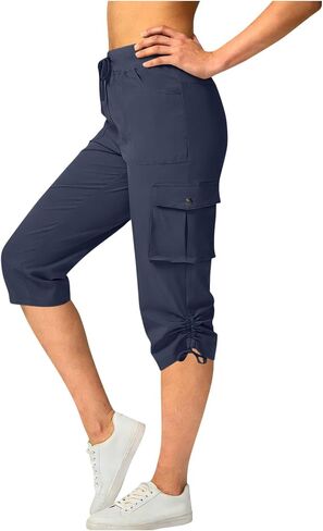 Women's Cargo Capris Pants Loose Fit Casual Hiking Pants Drawstring High Waist Summer Travel Pants with Pockets in Saudi Arabia