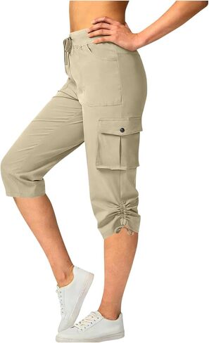 Women's Cargo Capris Pants Loose Fit Casual Hiking Pants Drawstring High Waist Summer Travel Pants with Pockets in Saudi Arabia