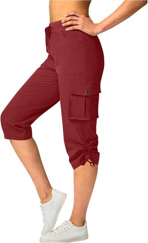Women's Cargo Capris Pants Loose Fit Casual Hiking Pants Drawstring High Waist Summer Travel Pants with Pockets in Saudi Arabia