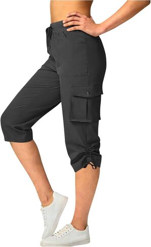 Women's Cargo Capris Pants Loose Fit Casual Hiking Pants Drawstring High Waist Summer Travel Pants with Pockets in Saudi Arabia