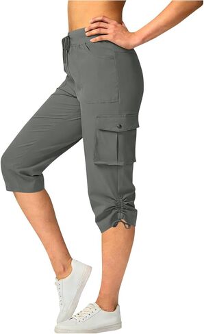 Women's Cargo Capris Pants Loose Fit Casual Hiking Pants Drawstring High Waist Summer Travel Pants with Pockets in Saudi Arabia