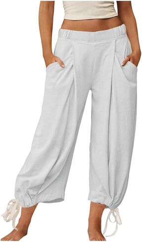 Women Capri Pants Wide Leg Summer Beach Capris High Waist Casual Pants Cropped Loose Vacation Trousers with Pockets in Kuwait