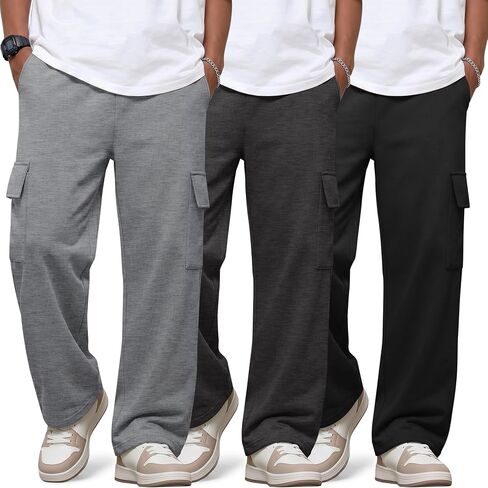 3 Pack Boys' Sweatpants Wide Leg Baggy Cargo Pants with 4 Pockets Kids Elastic Waist Straight Loose Joggers(Black, Dark Heather Gray, Light Heather Gray,Medium) in Saudi Arabia