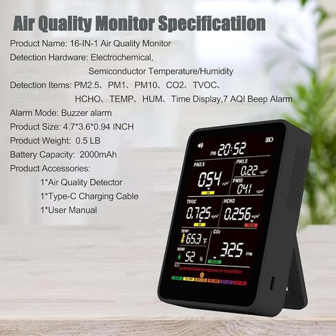 جهاز مراقبة جودة الهواء الداخلي الاحترافي مع تنبيهات AQI، كاشف محمول في الوقت الفعلي للمنزل والسيارة والنباتات والحيوانات الأليفة in Kuwait