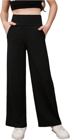 SweatyRocks Girl's Elastic Waist Track Pants Casual Loose Wide Leg Long Trousers with Pockets in Saudi Arabia