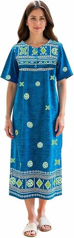 Loungees Short Sleeve Blue Border Print Cotton Lounge Dress | 3 Button Bib Yoke in Kuwait