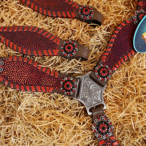 مجموعة Valentine Tack - حامل رأس ثلاثي الأبعاد باللون الأحمر وياقة صدر مع خياطة سوط معدنية، وإبزيم برشام نحاسي، وأجزاء صلبة من النيكل العتيقة in Kuwait