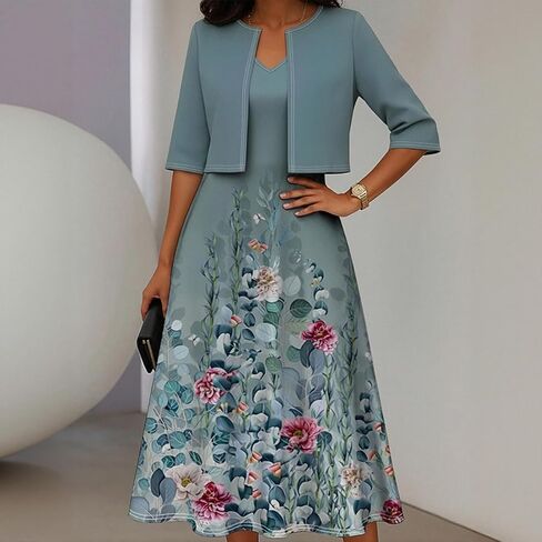 فستان نسائي مستقيم بطبعة زهور مع سترة قصيرة مكون من قطعتين، زي أنيق على طراز الأم لفريق الحفلات in Kuwait