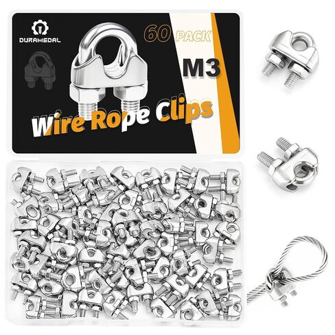60Pcs M3 1/8 Cable Clamps Wire Rope Clips, 304 Stainless Steel Cable Clamp Wire Rope Clamp for Picture Hanging, Lighting Cable Alloy Two-Way Cable Clamp, Sliver in Kuwait