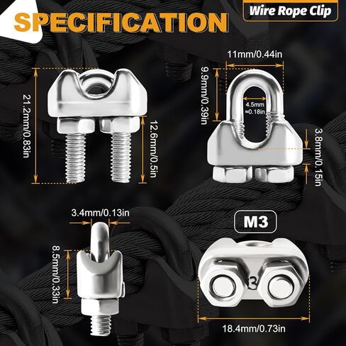 60Pcs M3 1/8 Cable Clamps Wire Rope Clips, 304 Stainless Steel Cable Clamp Wire Rope Clamp for Picture Hanging, Lighting Cable Alloy Two-Way Cable Clamp, Sliver in Kuwait