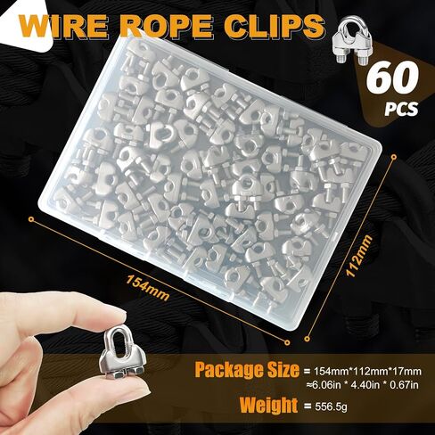 60Pcs M3 1/8 Cable Clamps Wire Rope Clips, 304 Stainless Steel Cable Clamp Wire Rope Clamp for Picture Hanging, Lighting Cable Alloy Two-Way Cable Clamp, Sliver in Kuwait