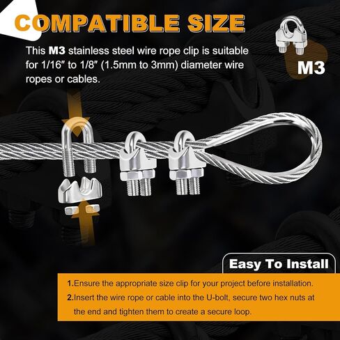 60Pcs M3 1/8 Cable Clamps Wire Rope Clips, 304 Stainless Steel Cable Clamp Wire Rope Clamp for Picture Hanging, Lighting Cable Alloy Two-Way Cable Clamp, Sliver in Kuwait
