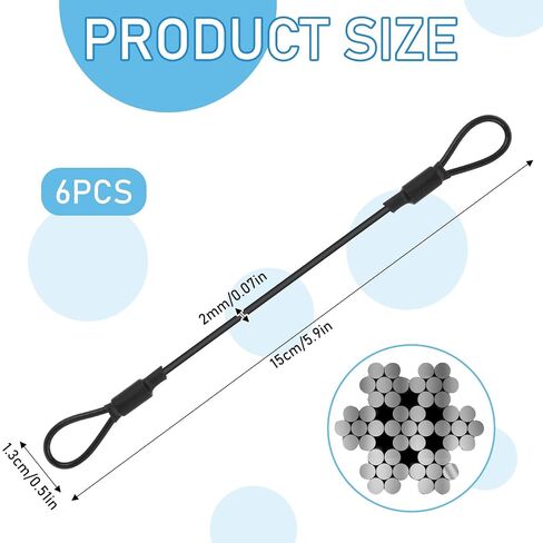 6 Pack Stainless Steel PVC Coated Safety Wire Rope, 5.9" Stainless Steel Wire Rope with Loops Heavy Duty Loop End Cable Braided Vinyl Cover Coat Short Ropes Lanyard Lock Safety Tether Chains in Kuwait