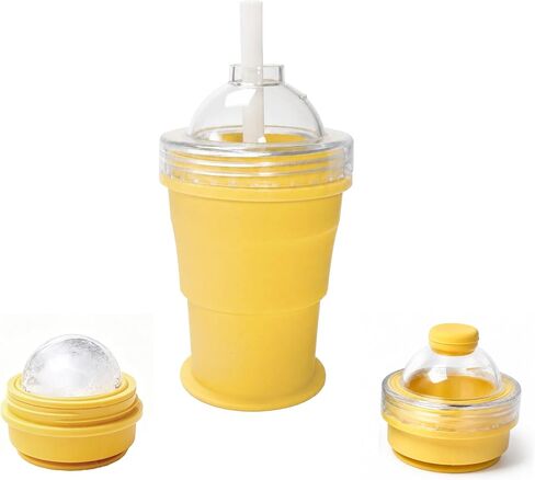 2ps Collapsible Ice Ball Maker Cup with Straw & Leak-Proof Lid Suitable for Iced Coffee, Cocktails, Beer - Reusable Silicone Ice Mold.Yellow&Blue in Kuwait