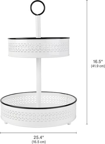 سلة Mikasa Gourmet Basics Eden المكونة من طبقتين، باللون الأبيض مع لمسات سوداء، سلة تخزين على سطح الطاولة من الحديد بنمط مثقوب، بطول 16.5 بوصة، وقطر 10 بوصة in Kuwait