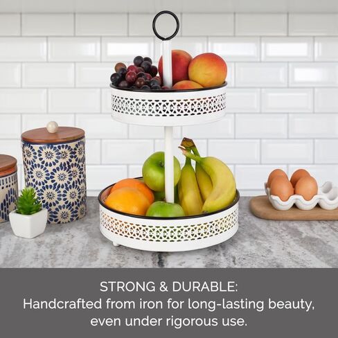 سلة Mikasa Gourmet Basics Eden المكونة من طبقتين، باللون الأبيض مع لمسات سوداء، سلة تخزين على سطح الطاولة من الحديد بنمط مثقوب، بطول 16.5 بوصة، وقطر 10 بوصة in Kuwait