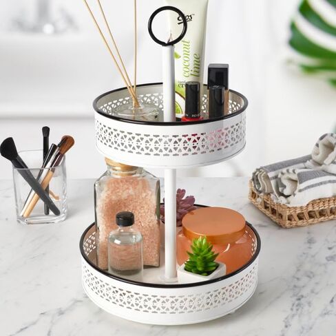 سلة Mikasa Gourmet Basics Eden المكونة من طبقتين، باللون الأبيض مع لمسات سوداء، سلة تخزين على سطح الطاولة من الحديد بنمط مثقوب، بطول 16.5 بوصة، وقطر 10 بوصة in Kuwait
