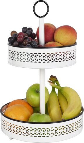 سلة Mikasa Gourmet Basics Eden المكونة من طبقتين، باللون الأبيض مع لمسات سوداء، سلة تخزين على سطح الطاولة من الحديد بنمط مثقوب، بطول 16.5 بوصة، وقطر 10 بوصة in Kuwait