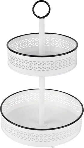 سلة Mikasa Gourmet Basics Eden المكونة من طبقتين، باللون الأبيض مع لمسات سوداء، سلة تخزين على سطح الطاولة من الحديد بنمط مثقوب، بطول 16.5 بوصة، وقطر 10 بوصة in Kuwait