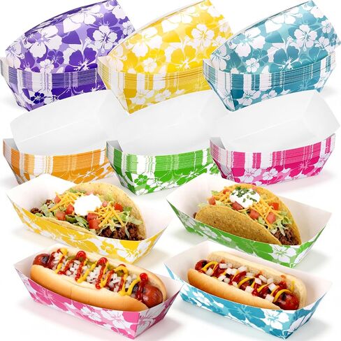 Nitial 120 صواني حفلات الكركديه الورقية هوت دوج للاستعمال مرة واحدة من Luau Party Food Nacho Boats هاواي هوت دوج حاملات ديكورات 7 بوصات صينية هاواي لمستلزمات الكركديه الاستوائية in Kuwait